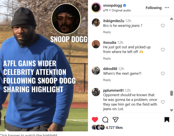 Snoop Dogg Shares A7FL Viral Highlight, Extending League’s Growing Visibility
